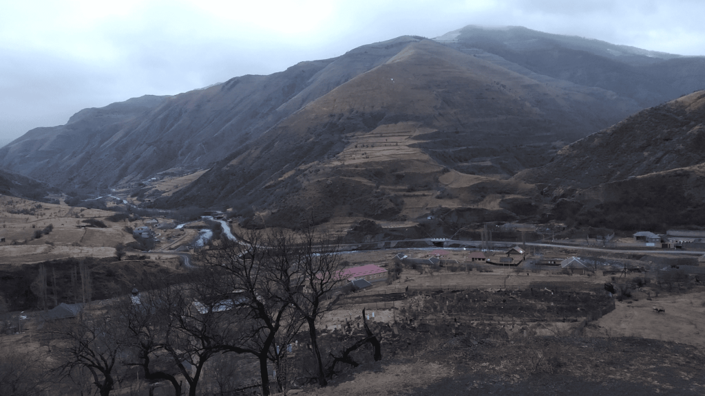 Panoramic view of Itum-Kale valley with river and village in the Chechen mountains