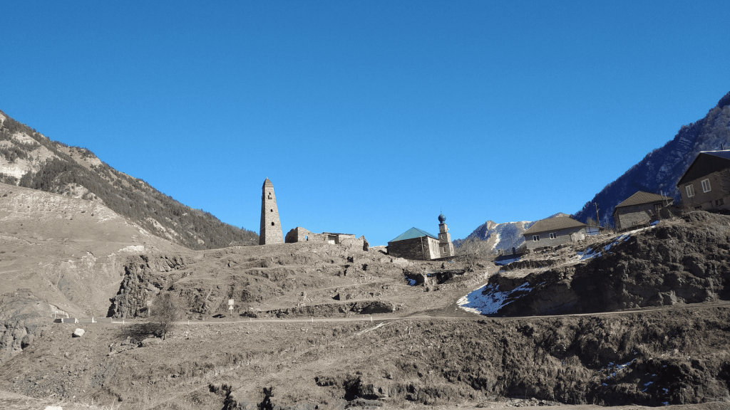 Mountain village with stone tower in Sharo-Argun Gorge, Chechnya