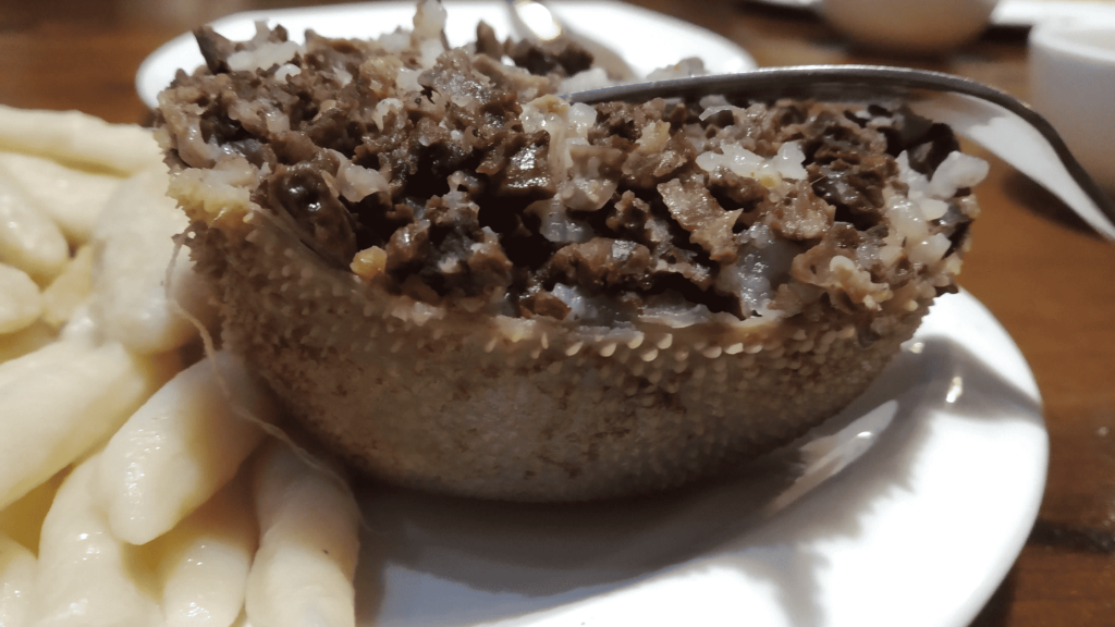 Jigjig-Galnash traditional Chechen dish with boiled meat and dumplings