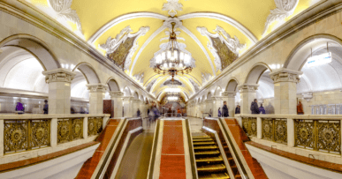 Yellow Komsomolskaya metro station in Moscow in Russia