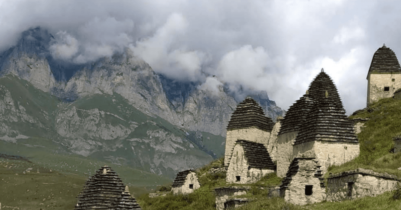 Dargavs, the City of the Dead is a medieval necropolis with ancient crypts in the mountains of Ossetia in the North Caucasus