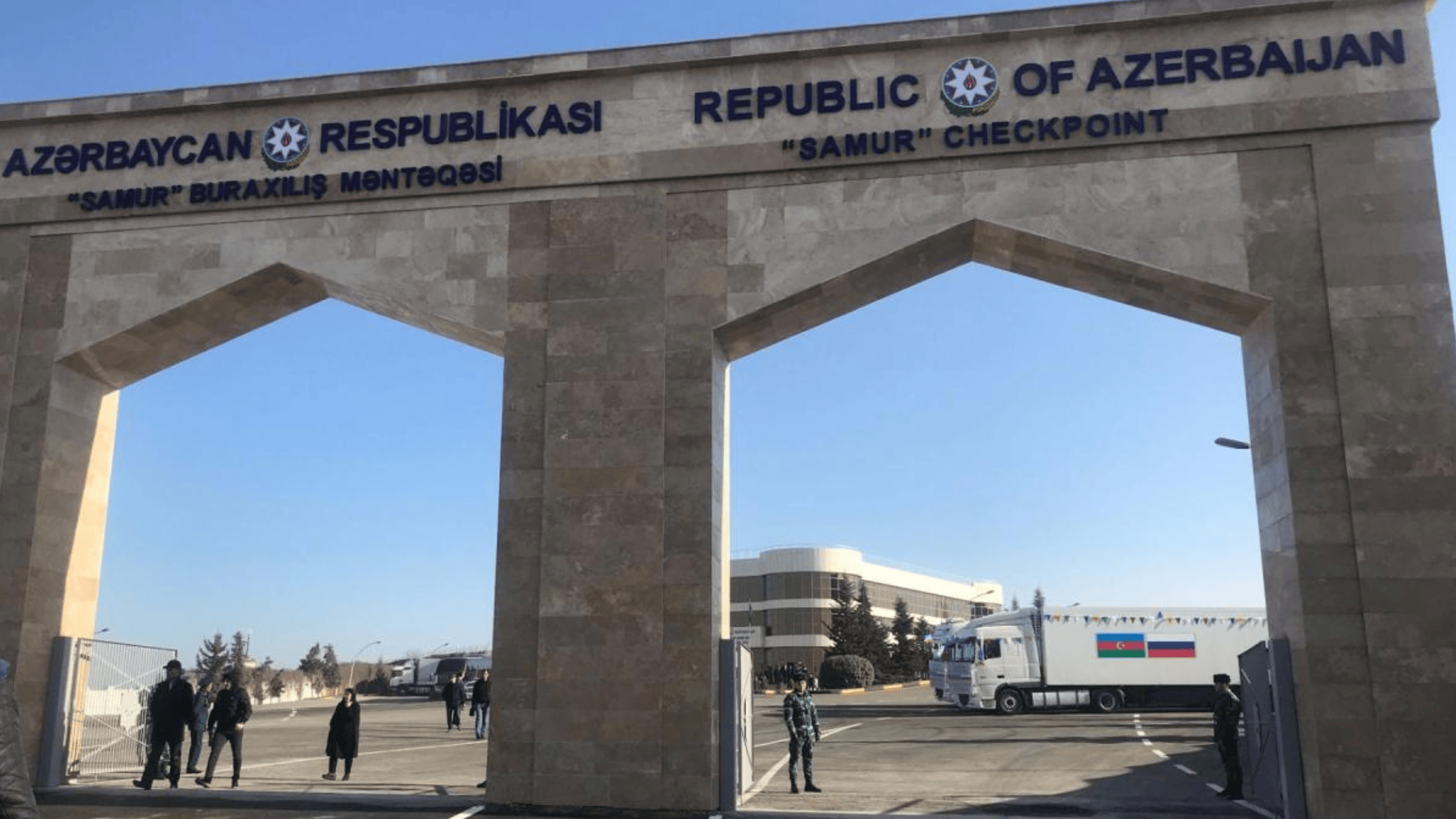 Samur checkpoint between Azerbaijan and Dagestan in Russia, with the entrance marked by a stone arch.