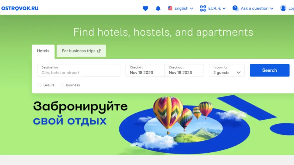 The ostrovok interface to book hotels in Russia as an alternative to Booking.com