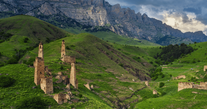 Ancient Vainakh stone towers in the green mountains of Ingushetia in the North Caucasus