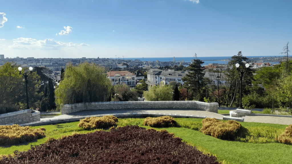 Panoramic city view of Sevastopol from Malakoff Kurgan overlooking the harbor and sea