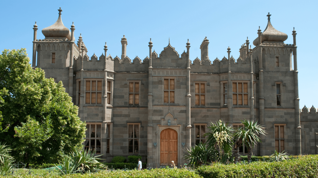 Stone façade of Vorontsov Palace with Gothic-inspired towers in Crimea