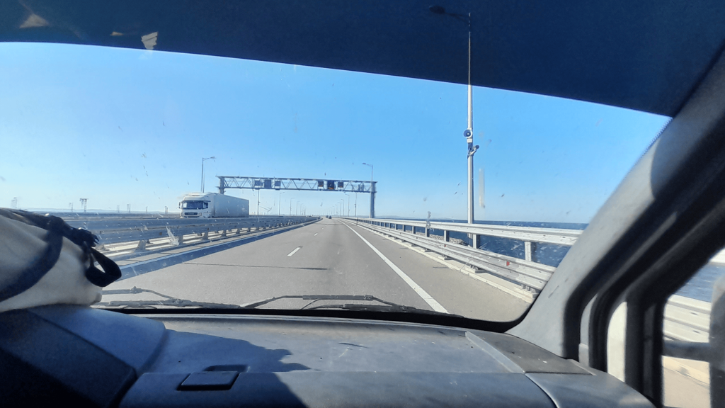 View from a car crossing the Crimean Bridge over the Kerch Strait