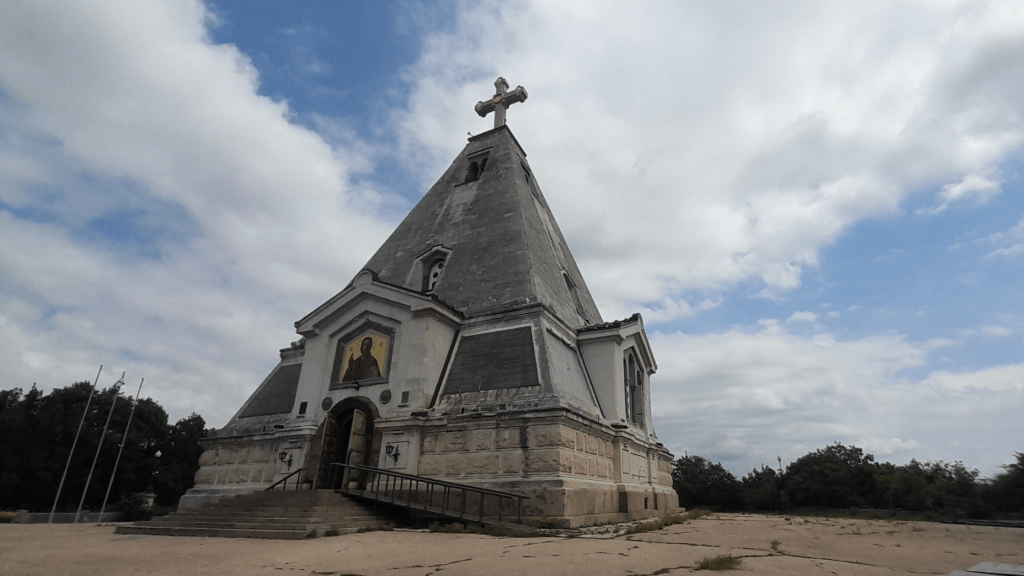 Saint Nicholas Church in Sevastopol, Crimea, with pyramid-shaped roof and cross