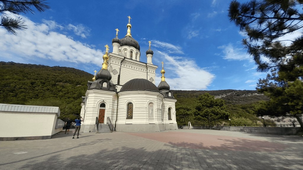 Orthodox Foros Church with golden domes above the southern coast of Crimea