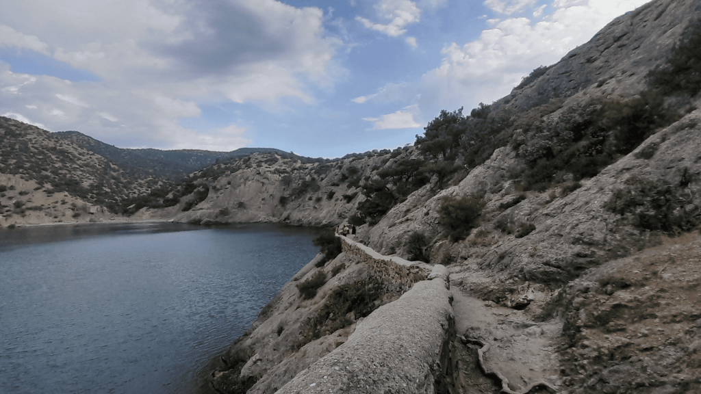 Stone pathway carved into cliff along the Golitsyn Trail in Novy Svet, Crimea