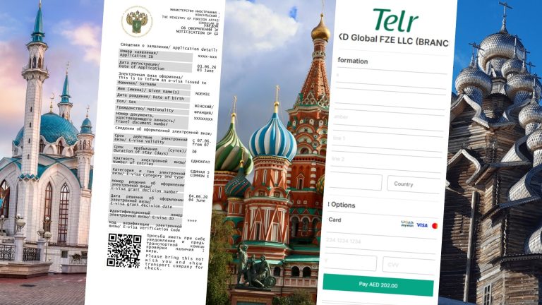 Montage illustrant une demande d'e-Visa russe approuvée en 2026 avec captures du visa, paiement en ligne et sites emblématiques de Russie