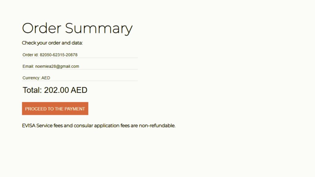 Récapitulatif du paiement du e-visa russe affichant le montant de 202 AED en juin 2026
