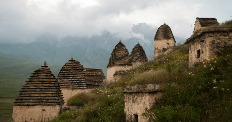 The medieval necropolis of Dargavs in the foggy mountains of North Ossetia Alania in the North Caucasus of Russia