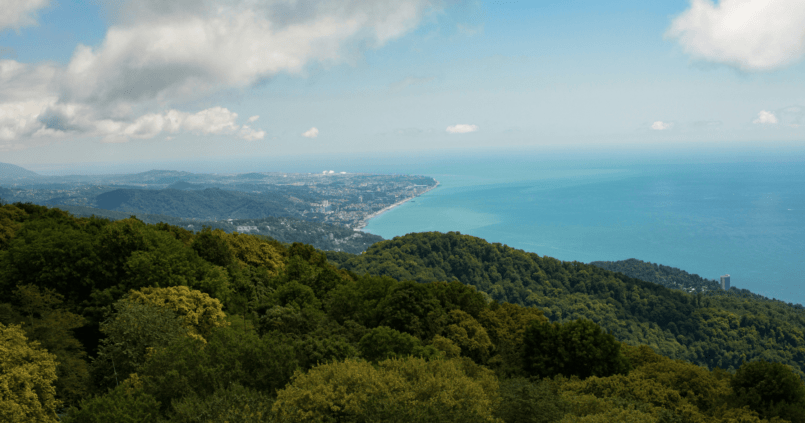 View of the Black Sea coast from the top of Mount Akhun near Sochi in the South of Russia