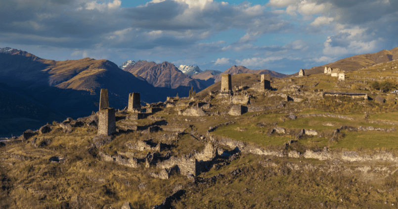 Ancient stone towers in the mountain village of Tsimiti in North Ossetia