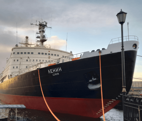 Lenin nuclear icebreaker ship docked in Murmansk harbor, the first nuclear-powered vessel in the world