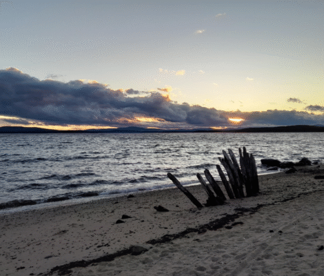 Coucher de soleil sur la mer Blanche à Kandalaksha, avec plage de sable et pilotis en bois, dans la région de Mourmansk