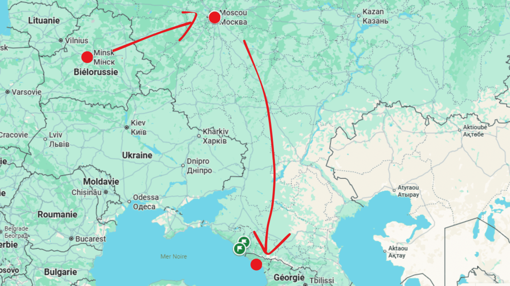 Carte montrant un itinéraire de Minsk en Biélorussie à Moscou puis vers l’Abkhazie via Sotchi