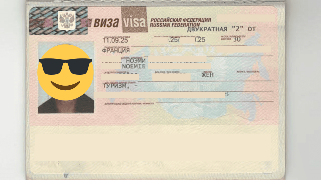 Close-up of a Russian double-entry tourist visa issued in 2025 inside a passport