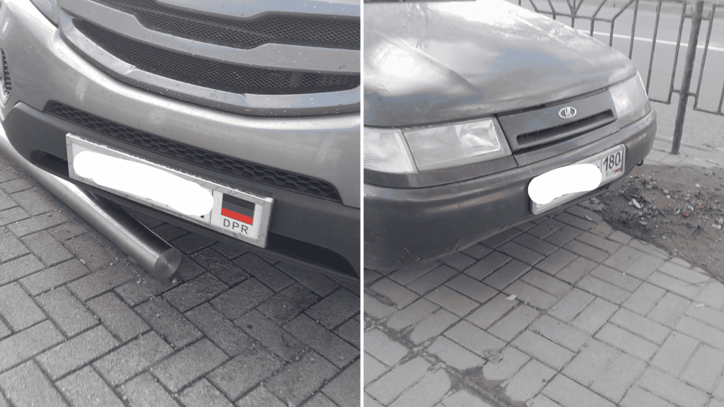 Side-by-side comparison of a DPR license plate and a newer Russian number plate on cars photographed in Donetsk in 2026.
