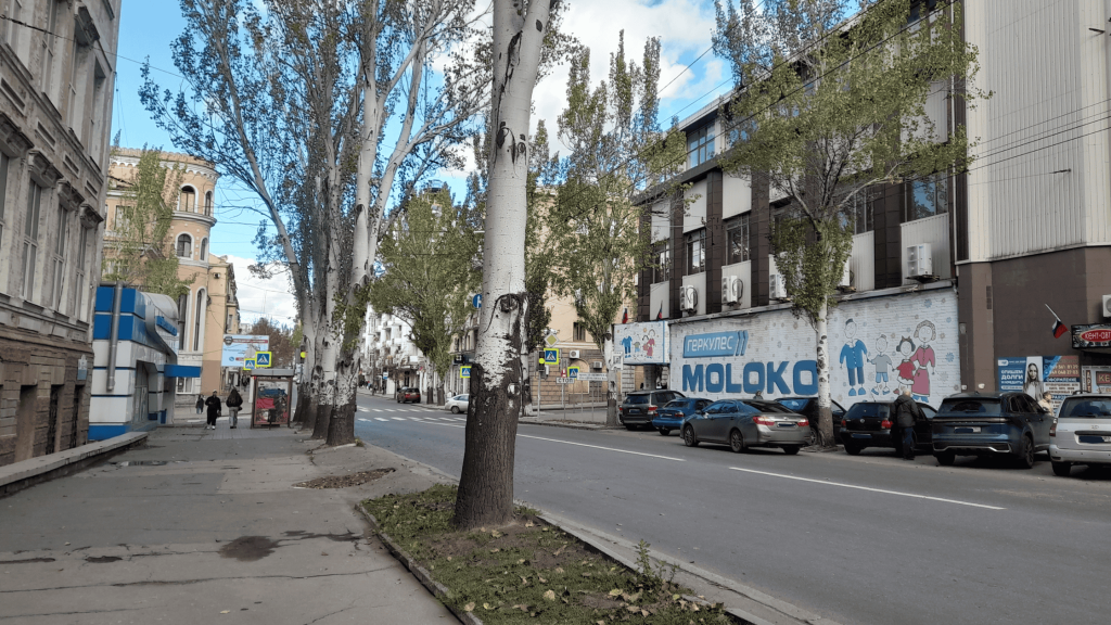 Street view of Donetsk city center in 2026 with painted trees, pedestrians, parked cars, and the Gerkules Moloko supermarket building.