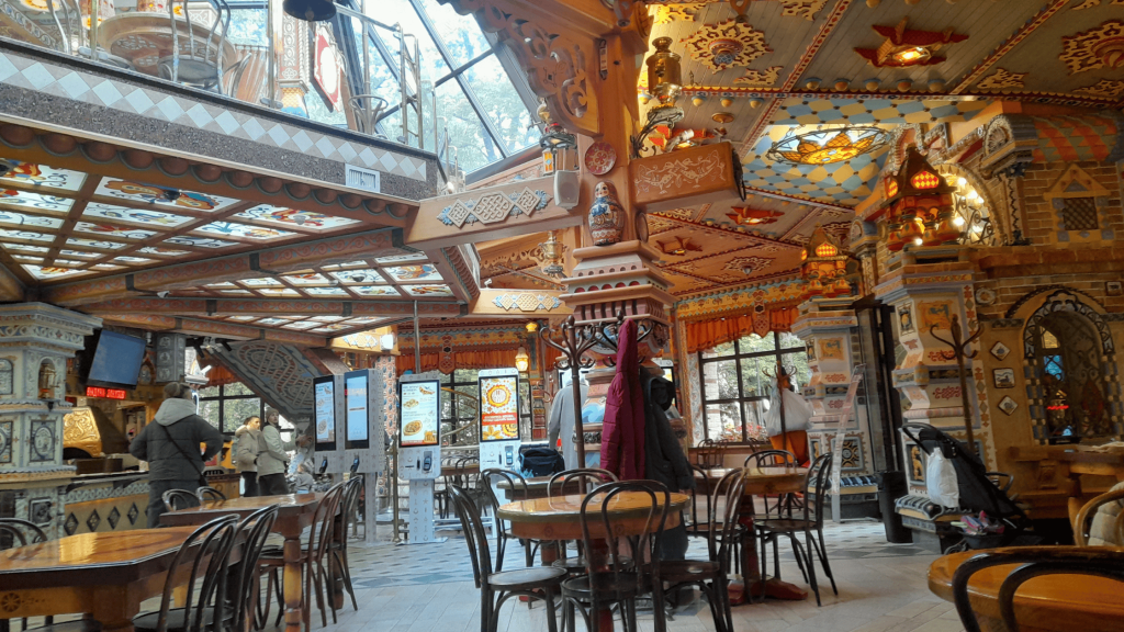 Interior of Russky Dvor café in Smolensk with traditional Russian decor