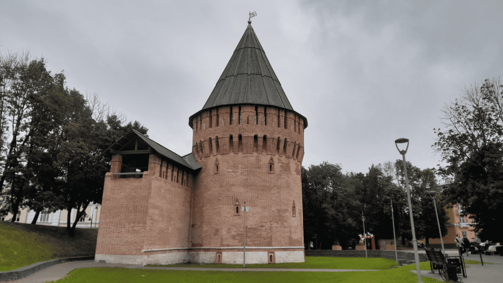 Round brick tower of Smolensk Fortress Wall – historical landmark in Smolensk Russia