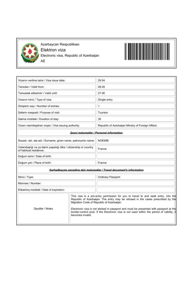 e-Visa pour l’Azerbaïdjan imprimé, requis pour l’entrée par avion et tamponné à la frontière