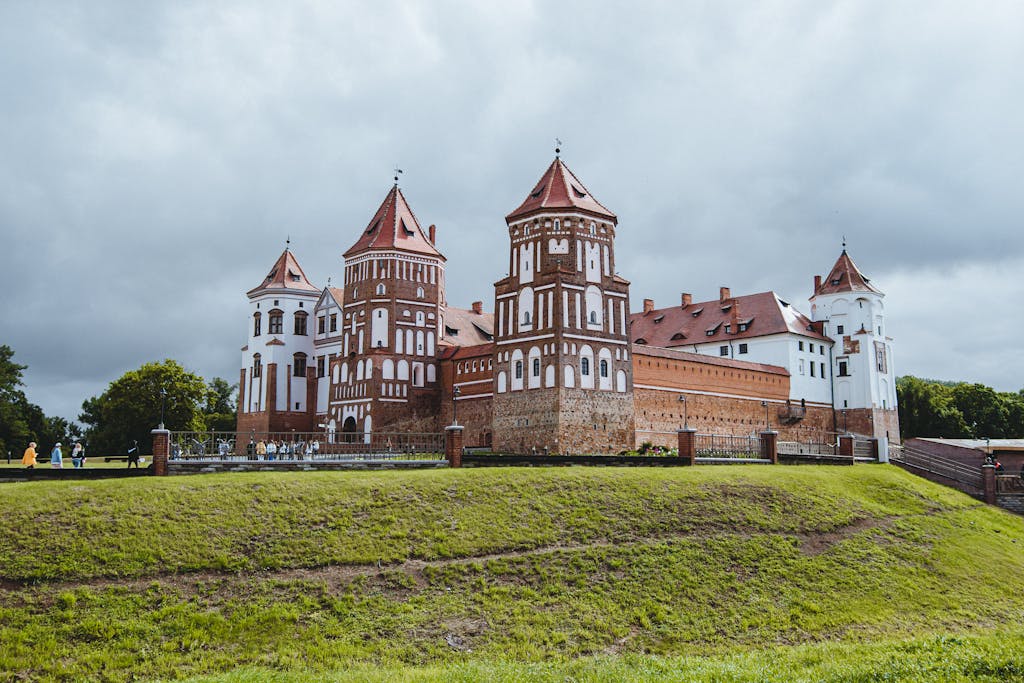 Explore the stunning exterior of Mir Castle, a blend of Gothic and Baroque architecture in Belarus.