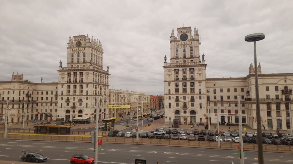 The Gates of Minsk, two symmetrical Stalinist towers near Minsk railway station, Belarus.