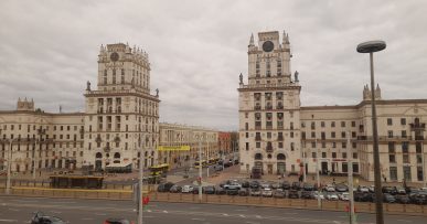 The Gates of Minsk, two symmetrical Stalinist towers near Minsk railway station, Belarus.