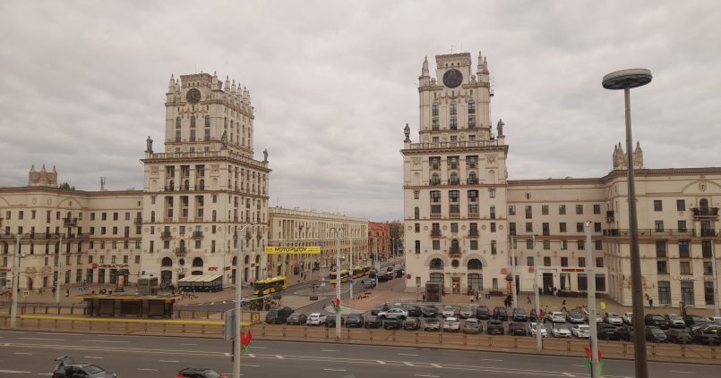 The Gates of Minsk, two symmetrical Stalinist towers near Minsk railway station, Belarus.