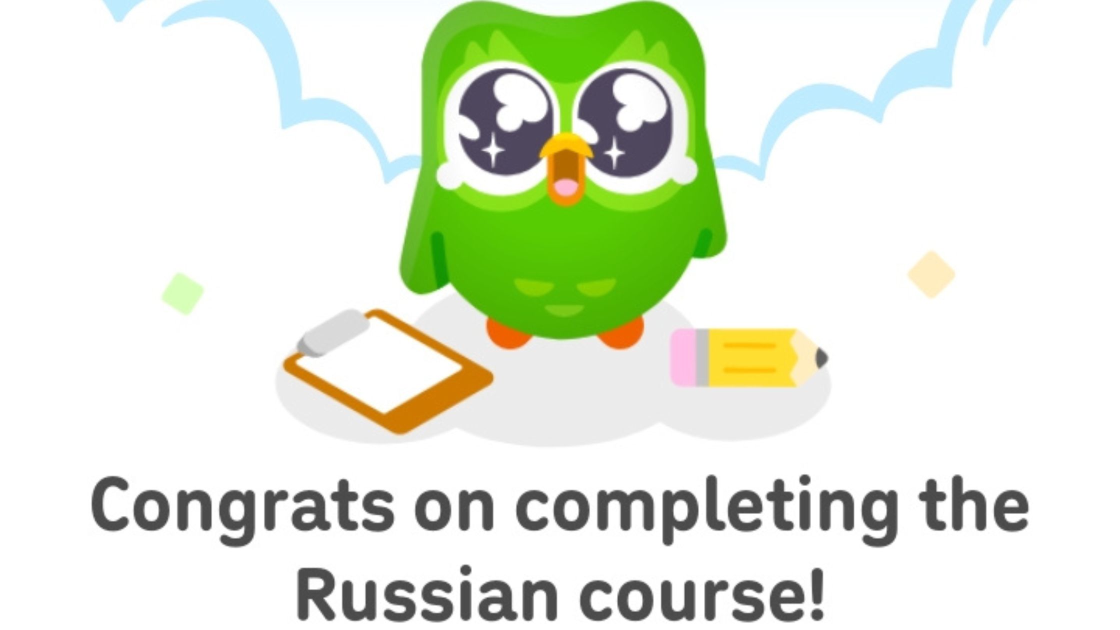 Capture d’écran montrant la fin du cours Duolingo russe au niveau 45