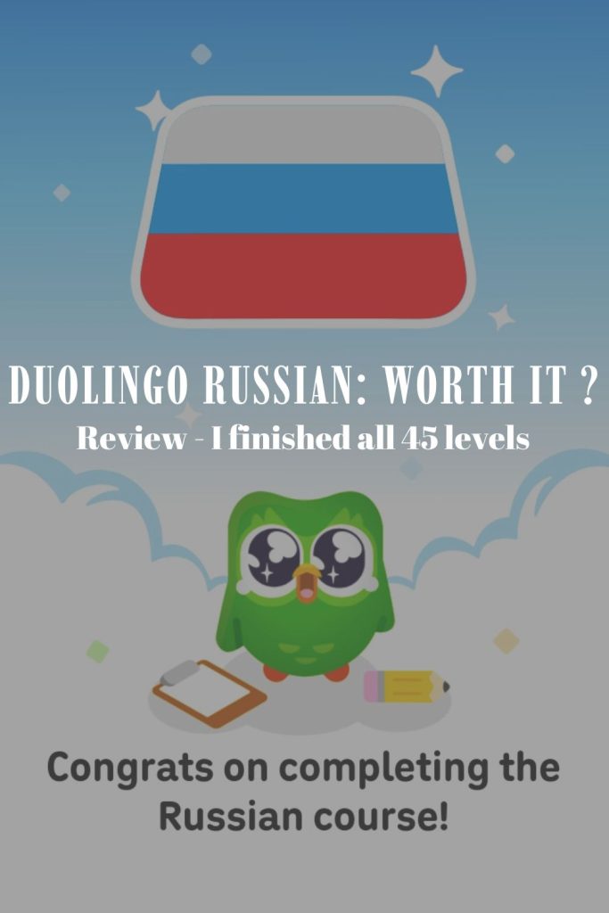 Pinterest-style cover image for a review of the Duolingo Russian course after completing level 45.