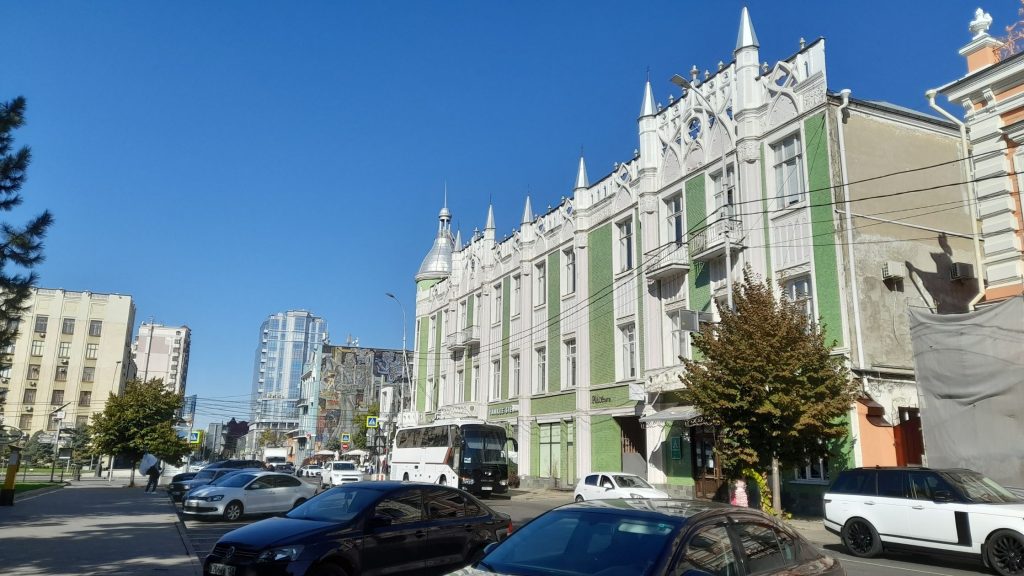 Historic architecture and colorful buildings on Krasnaya Street in Krasnodar city center