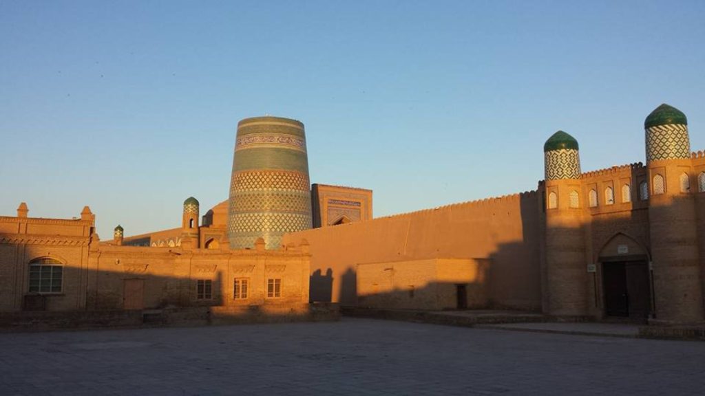 Sunset view of the old city of Khiva in Uzbekistan along the Silk Road.