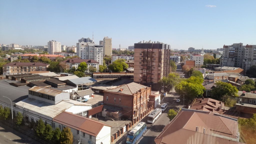 Panoramic view of buildings and streets in Krasnodar city center in southern Russia