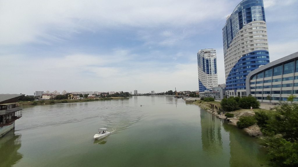 View of the Kuban River and modern buildings in Krasnodar in southern Russia