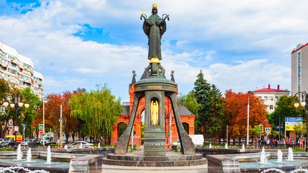 Saint Catherine monument in front of the Alexander Arch in downtown Krasnodar Russia