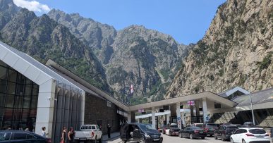 Georgian border post at the Verkhny Lars–Kazbegi border crossing on the Tbilisi to Grozny route