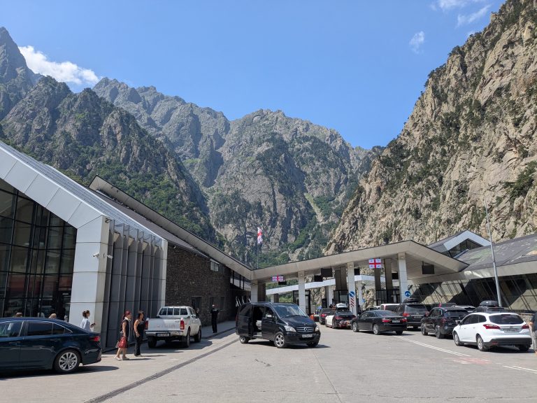 Georgian border post at the Verkhny Lars–Kazbegi border crossing on the Tbilisi to Grozny route