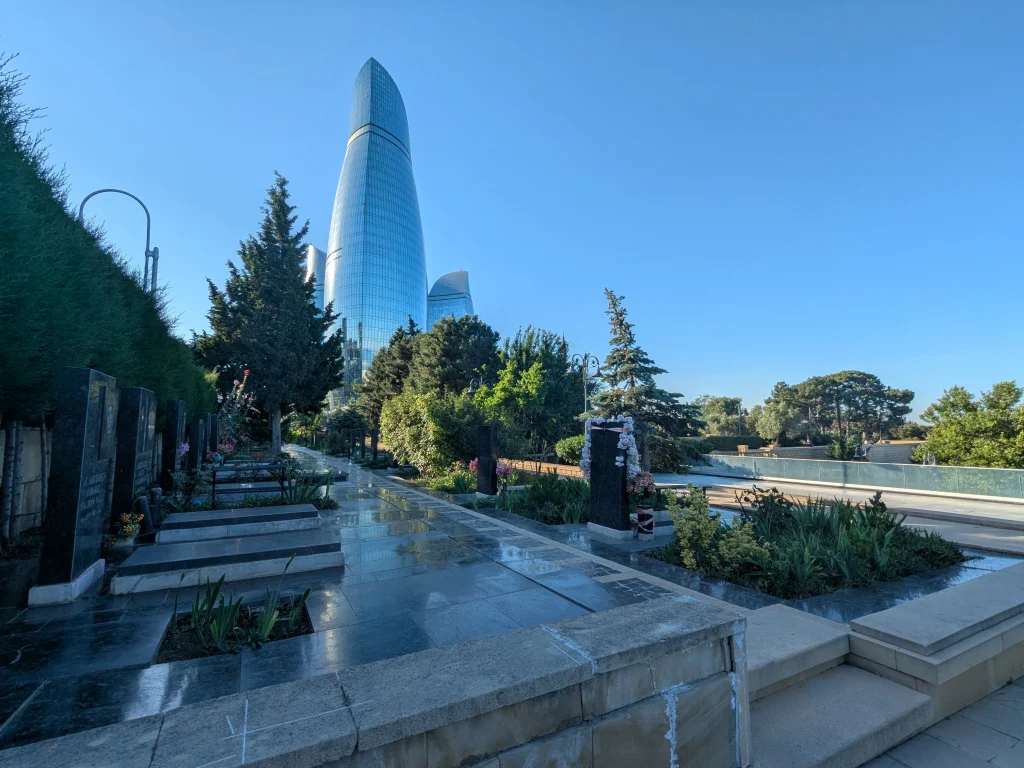 Alley of Martyrs with the Flame Towers visible from Highland Park in Baku