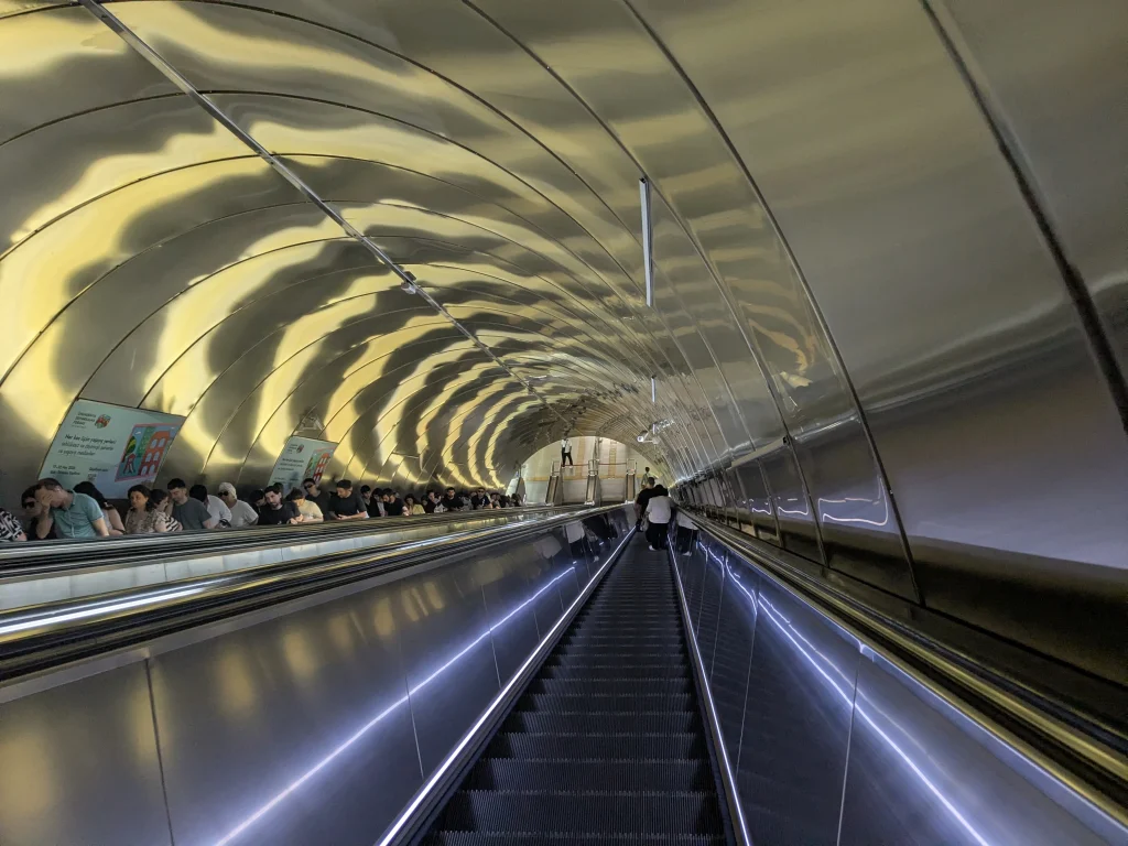 Escalator inside a Baku Metro station in Azerbaijan