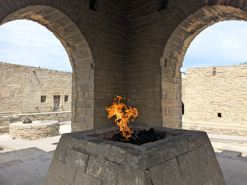 Burning flame inside the Atashgah Fire Temple in Azerbaijan