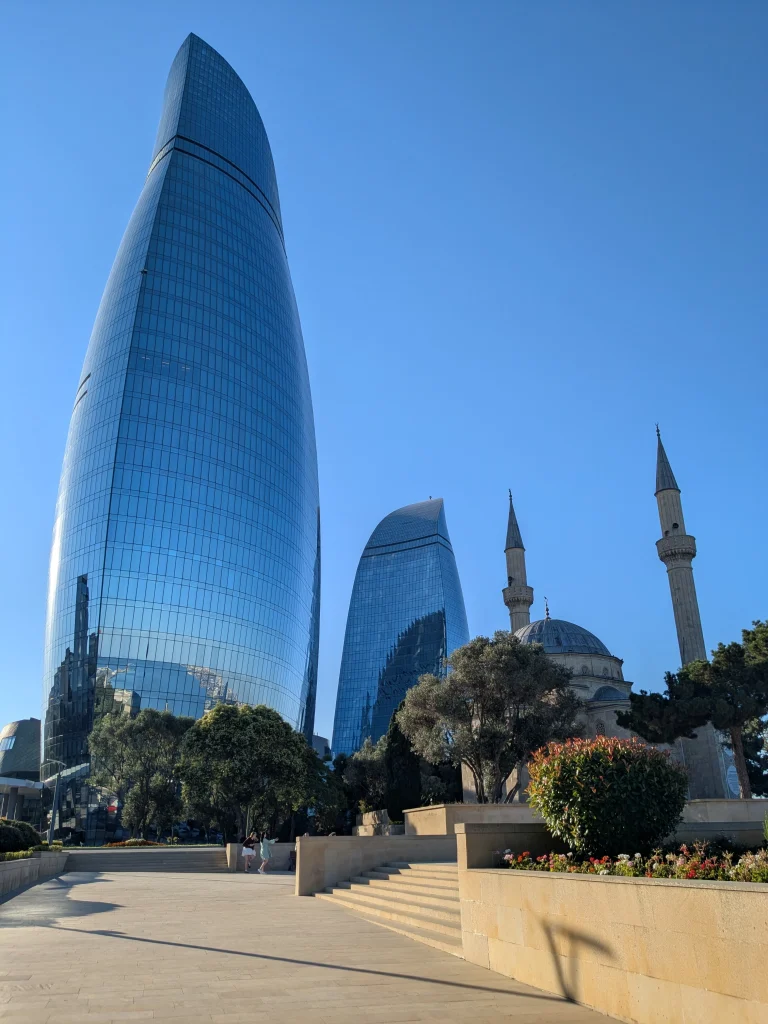 Baku Flame Towers rising above the city skyline