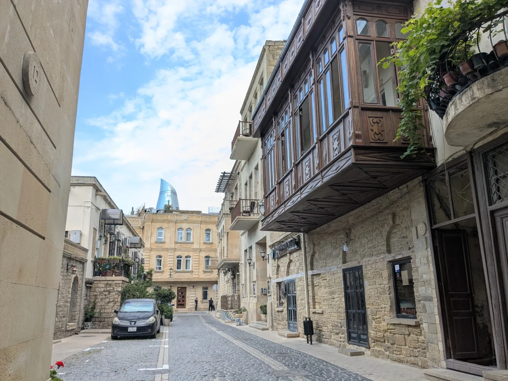Historic cobblestone street and traditional buildings in Icherisheher