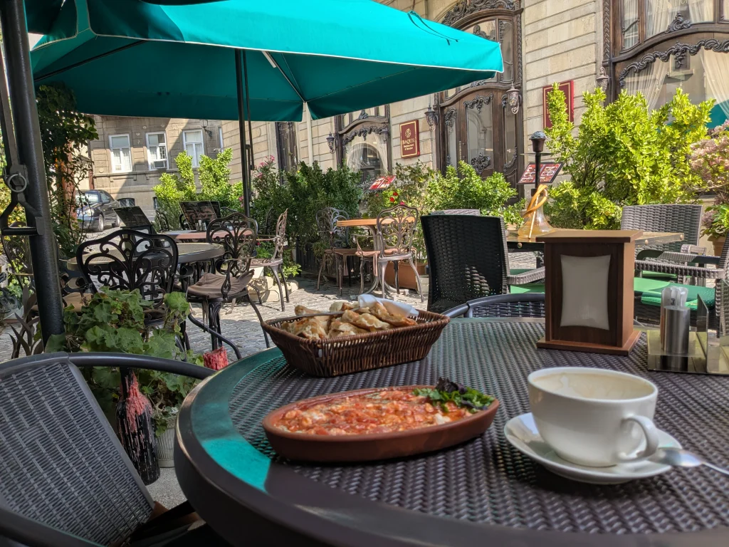 Azerbaijani pomidor yumurta breakfast at Karavan Café in Icherisheher