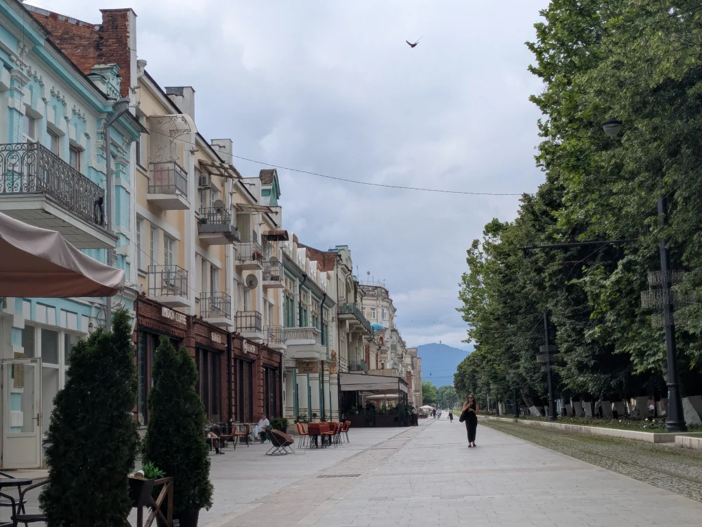 Prospekt Mira pedestrian street lined with historic buildings in Vladikavkaz