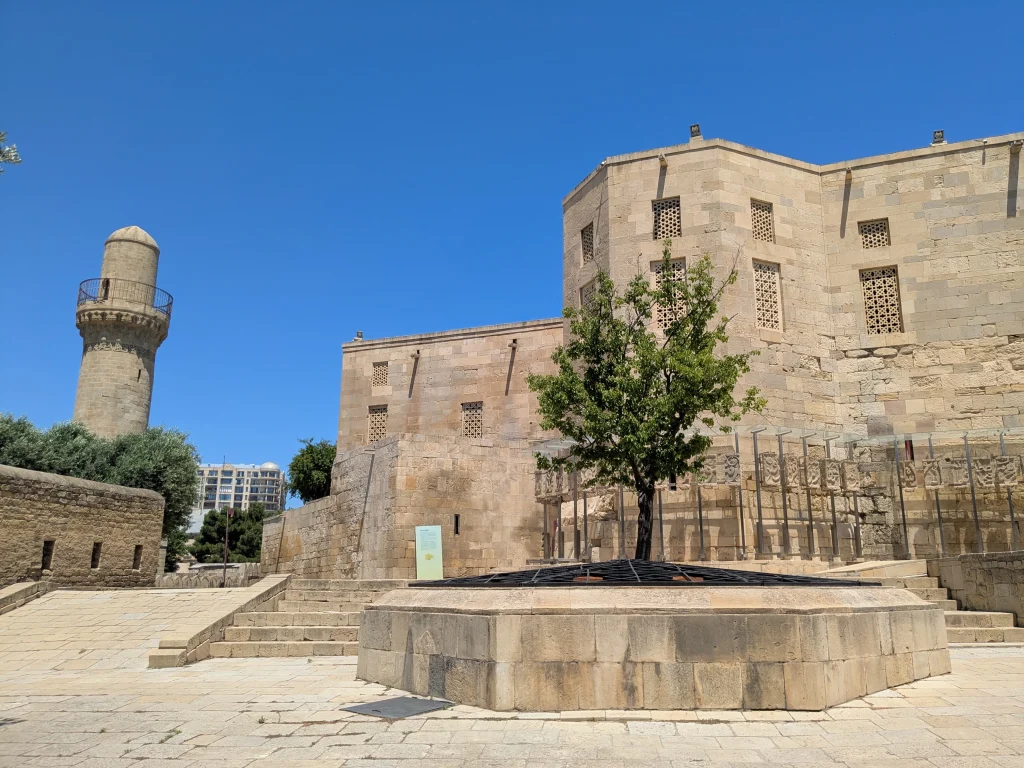 Shirvanshah Palace complex with historic mosque and stone courtyard in Baku