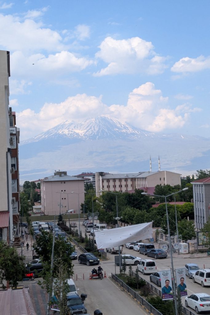 Snow-capped Mount Ararat seen from a hotel balcony in Doğubeyazıt, eastern Turkey